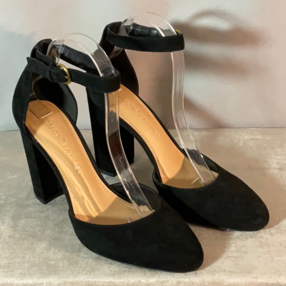 Black Suede Ankle-Strap Block Heel Pumps